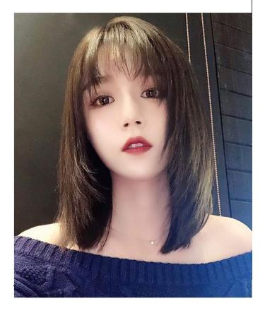 Wig Female Long Hair Full Headgear Natural Air Bangs New Hair Sets Short Hair Net Red Temperament Clavicle Hairlight Brown Light Brown