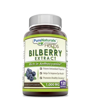 Pure Naturals Bilberry Extract Dietary Supplement 1000 mg 120 Soft gels- Rich in Vitamins for Eye Care & Vision Health* - Pure Extract of Bilberries (Vaccinium myrtillus) Fruit*