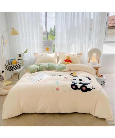 Cute Cartoon Bear Panda Applique Embroidery Velvet Fleece Bedding Set Singl Double Queen King Duvet Cover Bed Sheet Pillowcases Bedding Set (C 4pcs) - Buy Online on GoSupps.com