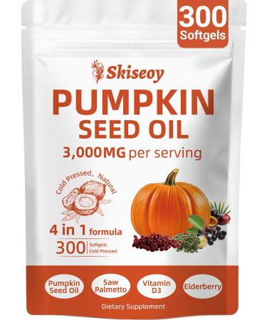 Pumpkin Seed Oil with Saw Palmetto 300 Softgels | 4 in 1 Vitamin D3 & Elderberry 3000mg Cold Pressed & Pure Virgin Oil | Supports Hair Urinary Bladder & Prostate Health Immune | Vegan Non-GMO