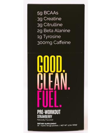 Good Clean Fuel Pre-Workout | Caffeine | BCAAs | Beta Alanine | Creatine | Tyrosine | Citrulline | No Sugar or Artificial Sweeteners | Strawberry Flavor | 10 Stick Packs