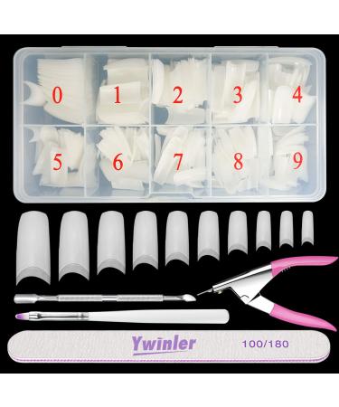 Nail tips Bainfir 500 pieces natural color artificial fake art nail tip 10 sizes diy acrylic fake nail with box nail brush nail shaving and nail file white