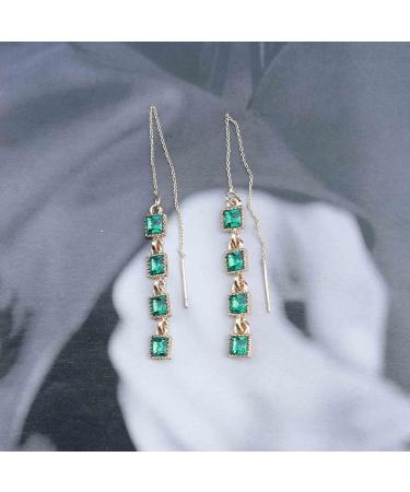 Vintage Crystal Emerald Threader Earrings | Long Tassel Dangle & Square Stud Earrings | Gold Bar Pull Through Jewelry for Women - Buy Online on GoSupps.com