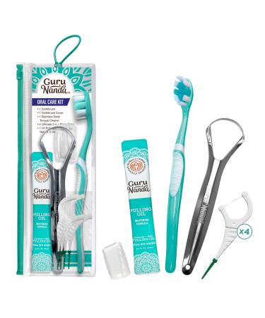 GuruNanda Travel-Friendly Oral Care Kit- 1 Butter on Gums Toothbrush 1 Tongue Scraper 4 Dual-Action Floss Picks 1 Coconut & Mint Oil Pulling Sachet