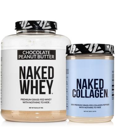 NAKED Whey Chocolate Peanut Butter Protein Powder (52 Servings) + Collagen Peptides Protein Powder 20oz (60 Servings) Grass-Fed Non-GMO Gluten Free