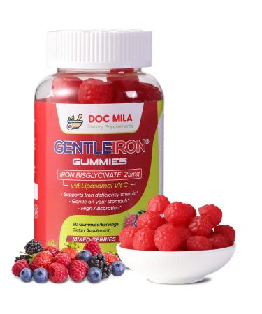 GentleIron Iron Bisglycinate Gummies 25mg with Liposomal VIT C - Iron Supplement for Women and Men - 60 Gummies/Servings