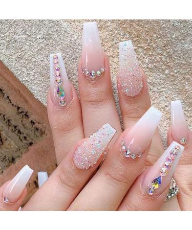 Glitter Gradient Pink Press on Nails Medium Ballerina Fake Nails Luxurious Crystal Gem Design False Nails with Glue on Nails Artificial Acrylic Nails Bling Square Stick on Nails for Women Girls 24Pcs Styles-12