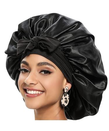 Hair Bonnet for Sleeping shower caps for women Bath Caps Satin Bonnets for Curly Hair Sleeping Silk Bonnet with Stretchy Tie Band (Black) - Buy Online on GoSupps.com