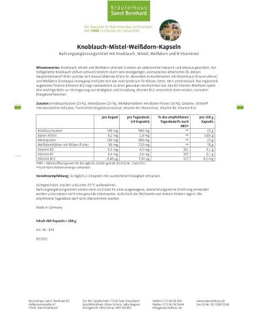 Sanct Bernhard Garlic-Mistletoe-Hawthorn Capsules - 480 Count | Boost Heart Health with Garlic Mistletoe Hawthorn & B Vitamins - International Shipping Available - Buy Online on GoSupps.com