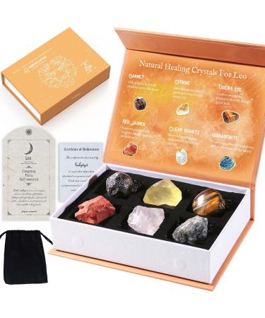 Faivykyd Leo Birthday Crystals for Healing Natural Spiritual Crystals with Horoscope Box Zodiac Birthstone Crystal Set Healing Crystal for Beginners Women Men Friends