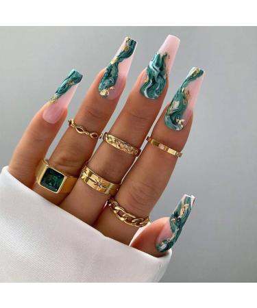 24Pcs Press on Nails Long  Green Marble Coffin Fake Nails Full Cover False Nails with Gold Foil Designs Nude Acrylic Glue on Nails Glossy Extra Long Press on Nails for Women Girls Manicure Decoration