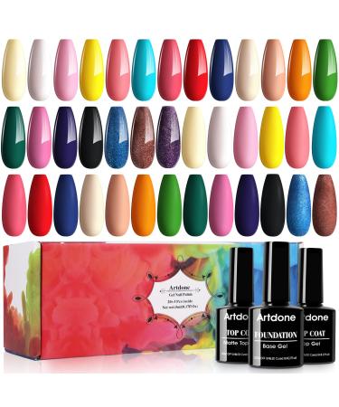 Artdone 23Pcs Gel Nail Polish Kit (5ml each) include Glossy & Matte Top Coat and Base Coat Soak Off Nail Polish Set Pink Blue Green Yellow Silver Glitter Gel Nail Polish for NAIL ART Set B 0.15 Fl Oz (Pack of 23)