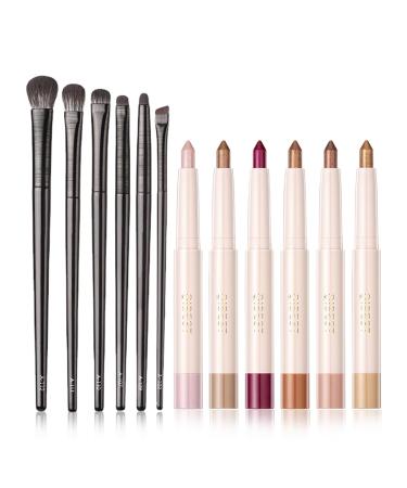 6 Colors Glitter Eyeshadow Stick Colorful Set 6 Eye Makeup Brush Set Waterproof Eye Shadow Pencil Eye shadow Stick Pen Makeup Set Waterproof & Long Lasting Starter Eyeshadow Stick Sets 55*6+6