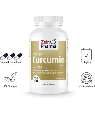 ZeinPharma Curcumin Triplex Capsules - 150 Vegan Capsules 500mg High Dose with 95% Extract - Dietary Supplement Laboratory Tested Made in Germany - Buy Online on GoSupps.com