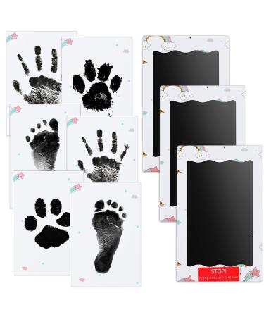 Nabance Baby Handprint and Footprint Kit 3 Black Baby Inkless Print Pads 6 Cute Pattern Imprint Cards Pet Paw Print Hand Print Kits for Babies Safe Non-Toxic Family Keepsake - Black Multi