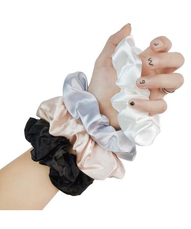 Scrunchies Hair Ties Satin Silk Accessories for Women - Elastic Cute Soft No Damage Big Scrunchie No Crease Stretchy Hair Girls Ponytail Holders Hair Ties For Thick Curl Hair Bracelet Hair Tie 4 Count (Pack of 1) Light Color
