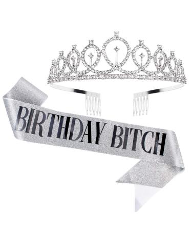 AOPRIE Birthday Crown for Women Birthday Sash Silver Birthday Tiara for Women Princess Crown Rhinestone Happy Birthday Accessories Silver Bitch