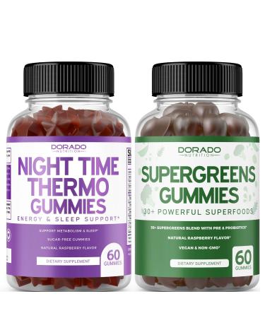 Night Time Fat Burner Gummies (60 Count) - Weight Loss & Metabolism Sugar-Free Melatonin Supplement and Supergreens Gummies (60 Count) - Greens Supplements Immunity Support - Non GMO & USA Made
