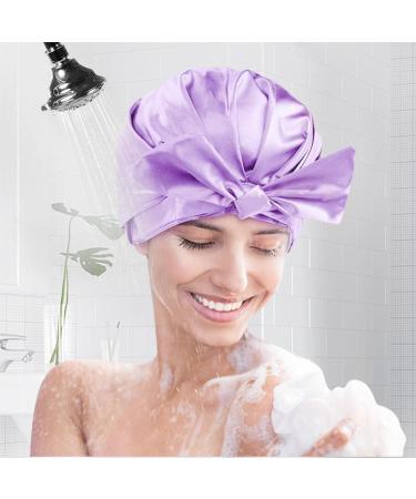 Arqumi Reusable Shower Cap with Ribbon Bow | Waterproof Double-Layer Bath Cap for Women Men | Large Elastic Hair Bonnet for Long Thick Hair - Purple C Shower Cap - Buy Online on GoSupps.com