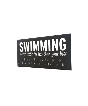 RunningontheWall Swimming Medal Display, Swimming Gifts for Teens Swimming. Never Settle for Less Than Your Best. Swimmer Medal Holder, Swimming Ribbon Holder Double Row Medals (Black)
