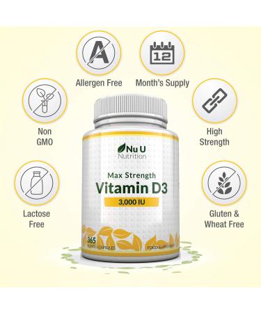 Vitamin D3 3000IU Softgels - 1 Year Supply - High Absorption Triple Strength Supplement - Gluten & Dairy Free - Nu U Nutrition - Buy Online on GoSupps.com