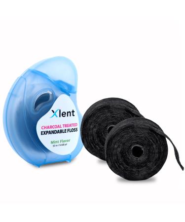 Xlent Expandable Floss Treated Activated Charcoal, Xylitol Natural Based Wax Fresh Mint Flavor | 3 Count (1 50 m Floss Blue Container Plus 2 50 m Refill Bobbins), 3 Count (1 Blister Card+2 Refill) 3 Count (1 Blister Card +…