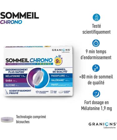 GRANIONS Chrono Sleep - Melatonin 1.9 mg Adult Sleep - Melatonin + Valerian + Passion Flower + GABA - 9 min Sleep Time to Sleep - Melatonin Fast Action - 1 Month-30 Bi-Layer Tablets - Buy Online on GoSupps.com