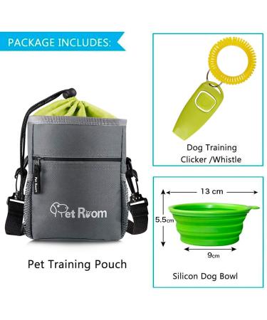 Dog Treat Pouch Bag with Poop Bag Holder, Clicker, Water Bowl - Gray/Green - Buy Online on GoSupps.com