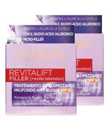 L'Oréal Paris Revitalift Filler Day Cream Deep Revolumizing Anti-Wrinkle Treatment SPF 50 Protection with Hyaluronic Acid Micro-Filler - 2 x 50ml Jars