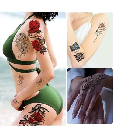 52 Sheets Temporary Tattoos for Women - Includes Large Black Flowers and Colorful Rose Designs - Waterproof and Long Lasting Body Stickers - Buy Online on GoSupps.com
