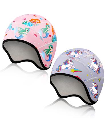 2 Mermaid Unicorn Kids Skull Cap Girls Bicycle Helmet Hat Sweat Winter Hat with Ear Protection for Outdoor Sports