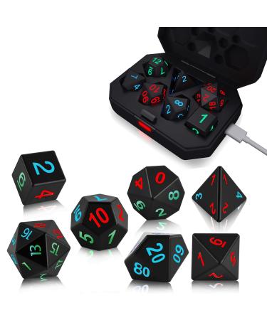 Light Up DND Dice for Dungeon and Dragons, 7 Pcs Glowing Polyhedral Dice Set with Charging Box, Rechargeable Electronic Dice, Luminous RPG LED Dice, Role Playing Table Games Colorful Light
