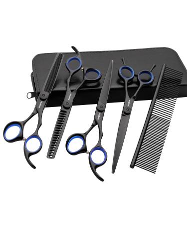 YeaSee 7.5 inches Professional Dog Grooming Scissors Set Straight & thinning & Curved & chunkers 5pcs in 1 Set (with Comb)
