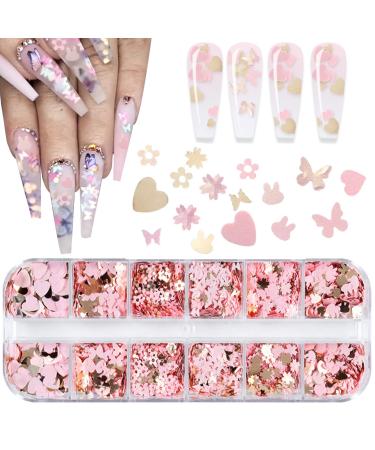 12 Grids Holographic Nail Glitter  Wsimily Butterfly Flower Heart Rabbit Pink Gold Nail Art Sequins Glitter for Acrylic Nails Design Paillettes Shining Flake Glitter Valentine's Day Nail Decoration