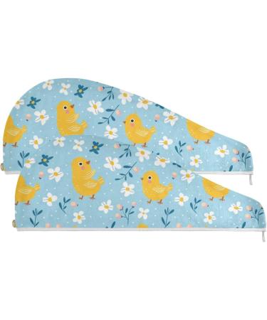 Yellow Chicken Flowers Hair Towel 2 Pack | Super Absorbent Quick Dry Hair Turbans for Women & Girls - Buy Online on GoSupps.com