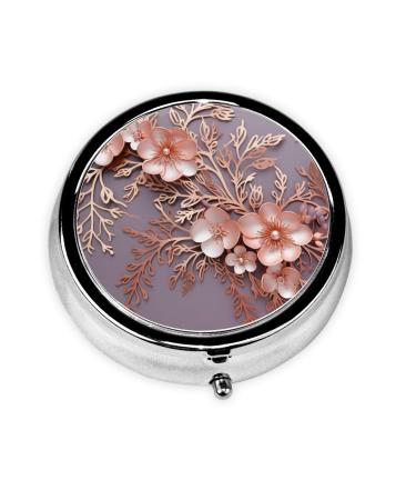 Rose Gold Elegant Decorative Floral Print Pill Box 3 Compartment Round Pill Case with Mirror Metal Pill Organizer Travel Pillbox Mini Medicine Storage Box for Pocket Purse