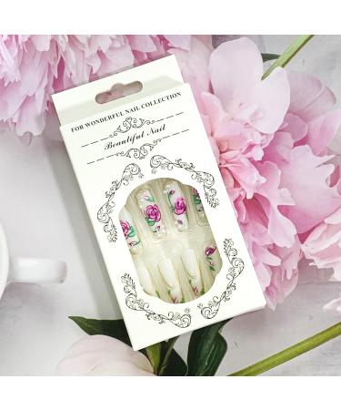 Buy Vezocim Long Coffin Press on Nails - 24Pcs Glossy White Acrylic with Pink Flower Designs - Extra Long Ballerina Fake Nails for Women - Buy Online on GoSupps.com