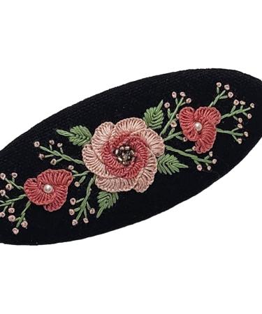 Rose Flower Pattern Embroidered Oval-Shaped French Hair Barrette Clips Poppy Flower Design Fashion Embroidered Cute Hair Clips Colorful Embroidered Hair Barrettes for Girls and Women (Black 1) - Buy Online on GoSupps.com