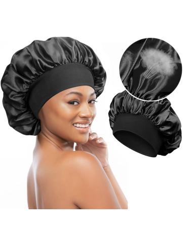 ODOCARE Breathable Silk Bonnet for Sleeping  Large Satin Hair Bonnet for Black Men and Women  Wide Band Sleep Cap for Long Hair Curly Hair(medium black) Medium black