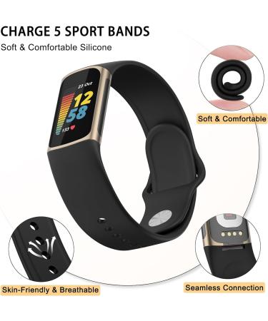 YLK Adjustable Silicone Bracelet for Fitbit Charge 5 & 6 - Sport Replacement Band for Men & Women - Black - Buy Online on GoSupps.com