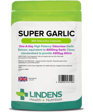 Garlic 6000mg Odourless /365 Capsules (Super Garlic) by Lindens