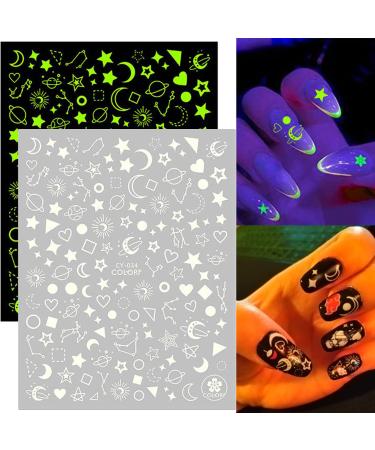 Luminous Nail Art Stickers - Glow in The Dark Fluorescent Decals for Women & Girls - Sun Moon Stars Heart 3D Nail Decoration (6 Sheets - Buy Online on GoSupps.com