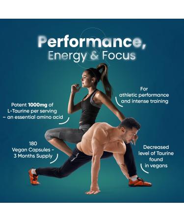 Taurine 1000mg Capsules - 180 High Strength | Vegan Amino Acid Supplement - Pre Workout for Men & Women - Made in UK - Buy Online on GoSupps.com