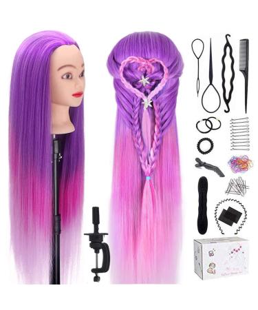 Topdirect 75cm exercise head hairdresser 100% synthetic hair wig head Puppet head Training heads hairdressing head training head with holder + diy hair hairstyles set color gradient violet