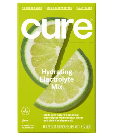 Cure Hydrating Natural Electrolyte Mix | Powder for Dehydration Relief | Made with Coconut Water | No Added Sugar | Vegan | Paleo Friendly | Travel Box of 6 Packets - Lime 6 Servings