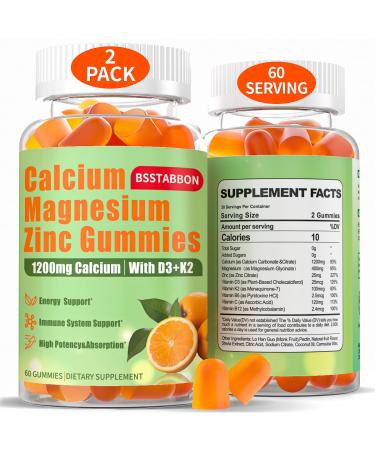 Calcium Magnesium Zinc Gummies for Adult: 1200mg Calcium Citrate 400mg Magnesium Glycinate with D3 B12 - Sugar Free High Absorption Supplement for Women Men (60 Count(Pack of 2)) 60 Count (Pack of 2)
