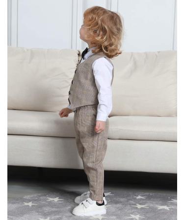 Khaki Plaid Boys Gentleman Suit Set | Long Sleeve Shirt with Bowtie + Waistcoat + Pants | Size 2-3 Years - Buy Online on GoSupps.com