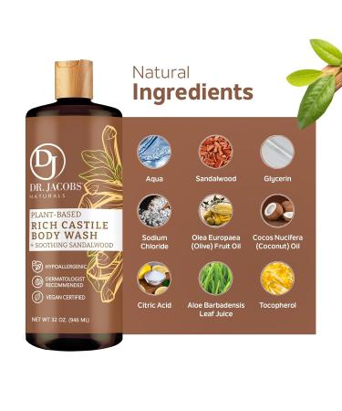 DR. JACOBS NATURALS Castile Sandalwood Body Wash - All-Natural Moisturizing Shampoo for Dry & Sensitive Skin | Gluten & Preservatives-Free | 32 oz with Pump - Buy Online on GoSupps.com