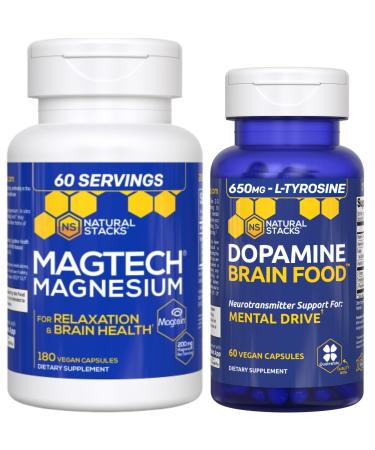 NATURAL STACKS Dopamine Brain Food + Magtech Magnesium Supplement Bundle - Supports Focus Relaxation & Memory* - 240 Total Capsules