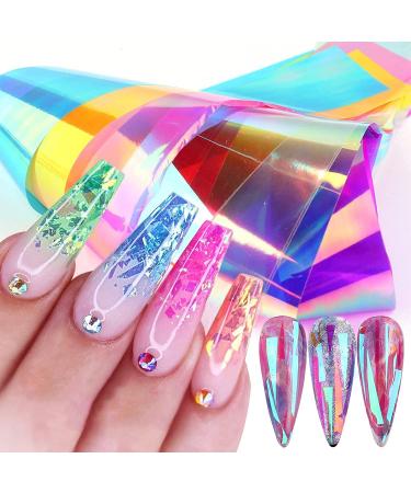 Gradient Aurora Glass Paper Nail Art Sticker  Nail Art Supplies Film Broken Glass Nail Foil Transfers Decals Cellophane Mirror Colorful Design for Women DIY Nail Art Decoration(8 Sheets) Nail-3